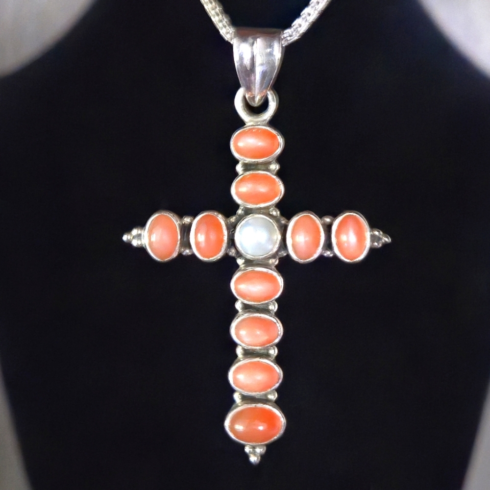 Nicky Butler 925 Sterling Silver Peach Moonstone Pearl Cross Pendant Necklace NB